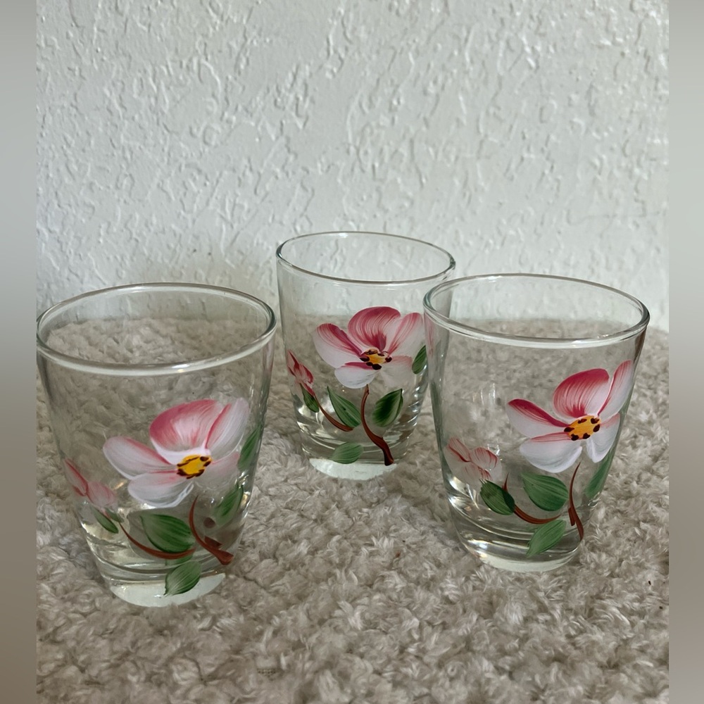 Vintage Set of 3 Franciscan Desert Rose Hand Painted Juice  Glasses 3 1/2" H